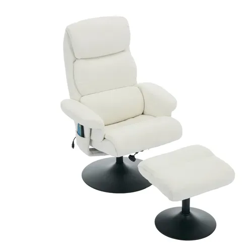 Fauteuil Relax 360° Pivotant + Repose-pieds Avec Fonctions De Massage Et De Chauffage Chenille Blanc