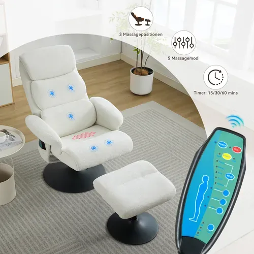 Fauteuil Relax 360° Pivotant + Repose-pieds Avec Fonctions De Massage Et De Chauffage Chenille Blanc