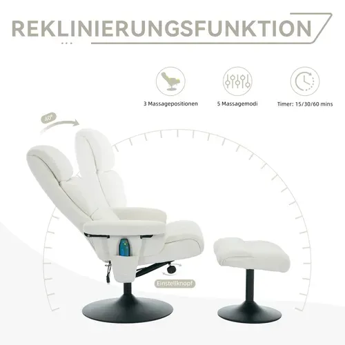 Fauteuil Relax 360° Pivotant + Repose-pieds Avec Fonctions De Massage Et De Chauffage Chenille Blanc
