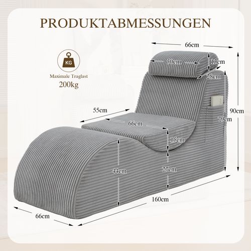 Méridienne Avec Coussin Amovible Et Poche Latérale, Gris Clair