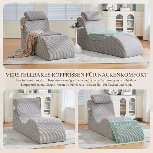 Méridienne Avec Coussin Amovible Et Poche Latérale, Gris Clair
