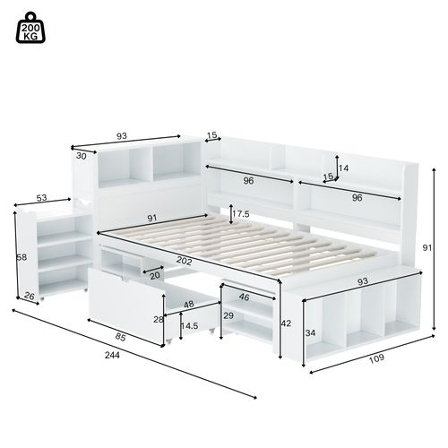Lit Enfant 90 X 190 Cm Avec Tiroirs, Bibliothèques Et Armoires De Rangement Blanc