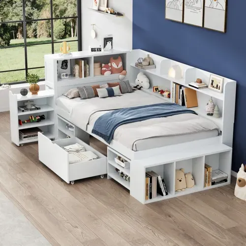 Lit Enfant 90 X 190 Cm Avec Tiroirs, Bibliothèques Et Armoires De Rangement Blanc