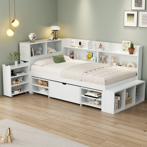 Lit Enfant 90 X 190 Cm Avec Tiroirs, Bibliothèques Et Armoires De Rangement Blanc
