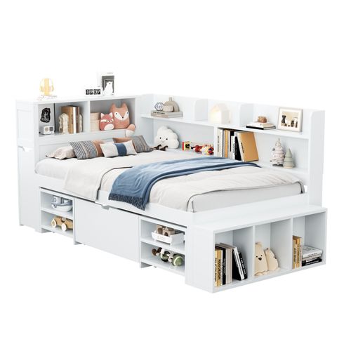 Lit Enfant 90 X 190 Cm Avec Tiroirs, Bibliothèques Et Armoires De Rangement Blanc