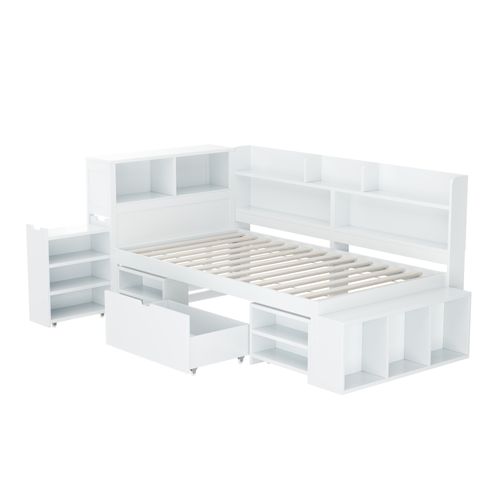 Lit Enfant 90 X 190 Cm Avec Tiroirs, Bibliothèques Et Armoires De Rangement Blanc