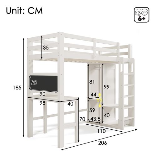 Lit Mezzanine 90x200cm Avec Bureau, Armoire Ouverte Et Étagères Blanc