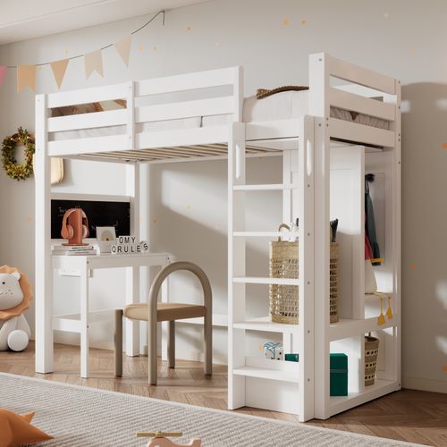 Lit Mezzanine 90x200cm Avec Bureau, Armoire Ouverte Et Étagères Blanc