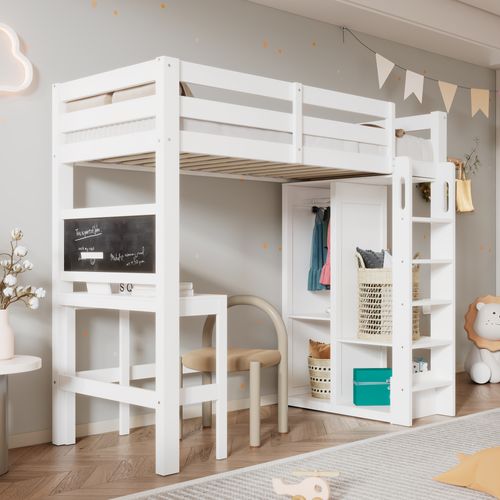 Lit Mezzanine 90x200cm Avec Bureau, Armoire Ouverte Et Étagères Blanc