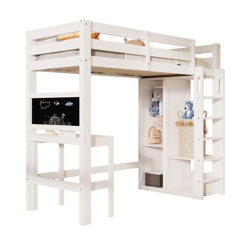 Lit Mezzanine 90x200cm Avec Bureau, Armoire Ouverte Et Étagères Blanc
