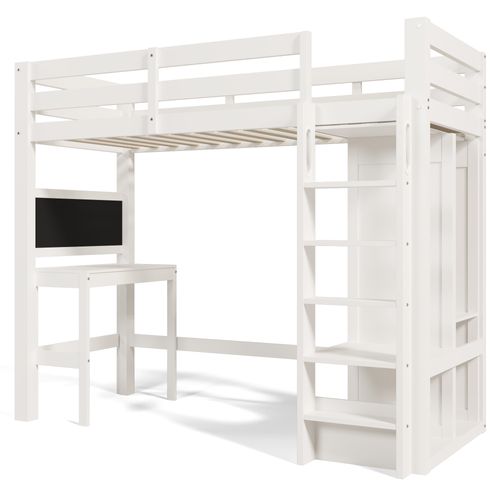Lit Mezzanine 90x200cm Avec Bureau, Armoire Ouverte Et Étagères Blanc