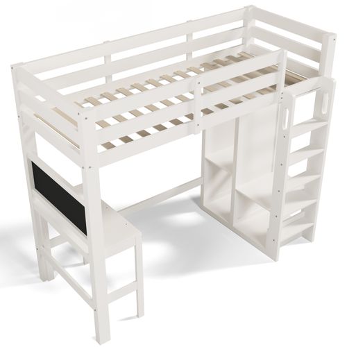 Lit Mezzanine 90x200cm Avec Bureau, Armoire Ouverte Et Étagères Blanc