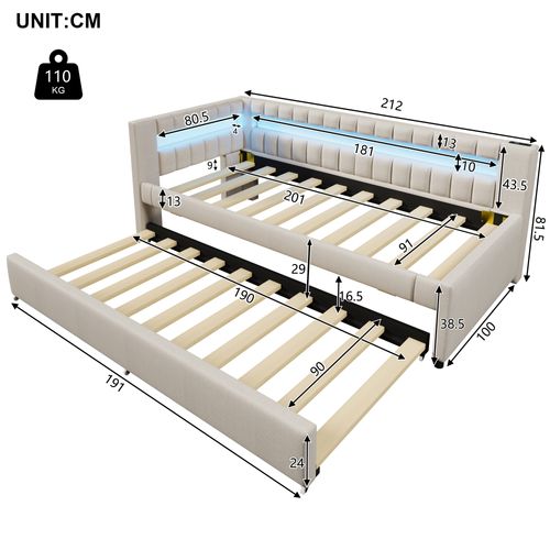 Lit Gigogne 90 X 200cm Avec Port USB Et Tête De Lit LED En Forme De L Lin Beige