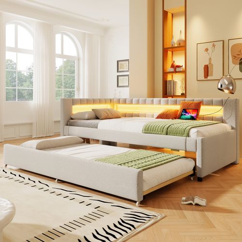 Lit Gigogne 90 X 200cm Avec Port USB Et Tête De Lit LED En Forme De L Lin Beige