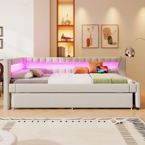 Lit Gigogne 90 X 200cm Avec Port USB Et Tête De Lit LED En Forme De L Lin Beige