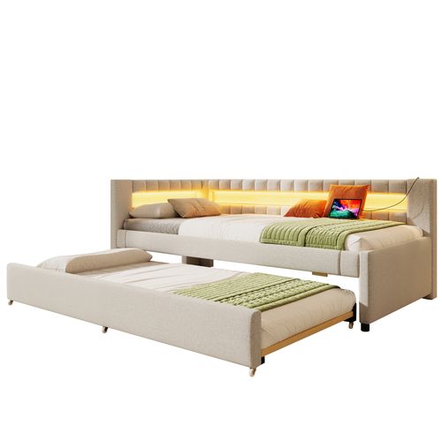 Lit Gigogne 90 X 200cm Avec Port USB Et Tête De Lit LED En Forme De L Lin Beige
