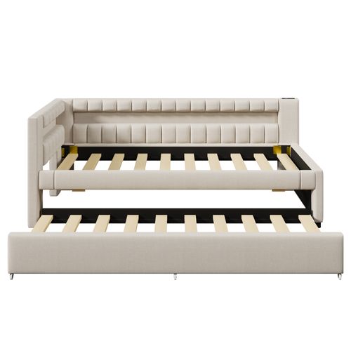 Lit Gigogne 90 X 200cm Avec Port USB Et Tête De Lit LED En Forme De L Lin Beige