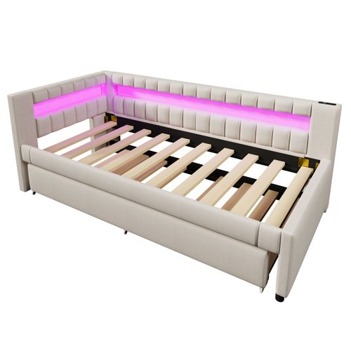 Lit Gigogne 90 X 200cm Avec Port USB Et Tête De Lit LED En Forme De L Lin Beige