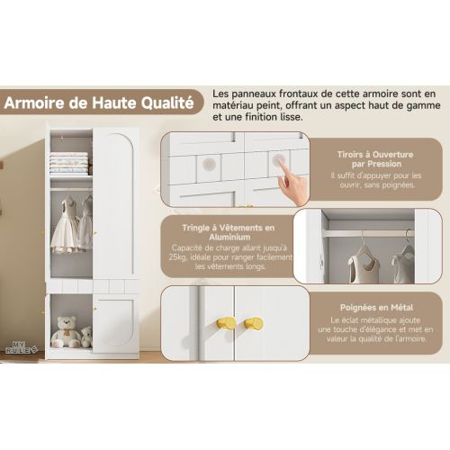 Armoire Laquée-avec Tiroirs Pression-meuble De Chambre-en Mdf Et Poignées En Métal-blanc