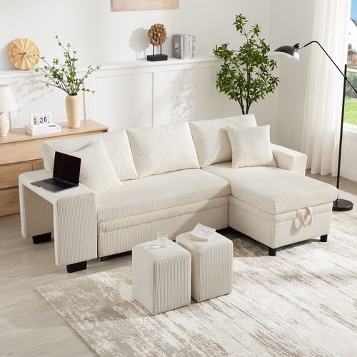 Canapé D'angle L Convertible Avec USB, Coussins Et Rangement, Beige