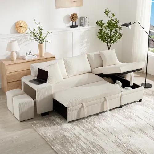 Canapé D'angle L Convertible Avec USB, Coussins Et Rangement, Beige