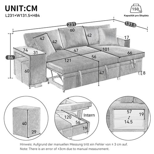 Canapé D'angle L Convertible Avec USB, Coussins Et Rangement, Beige