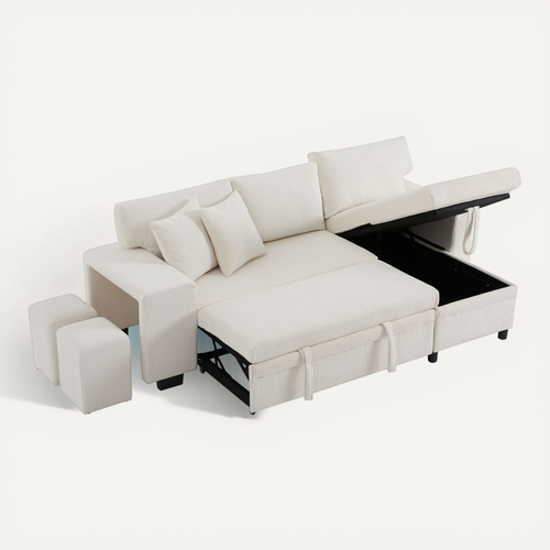 Canapé D'angle L Convertible Avec USB, Coussins Et Rangement, Beige