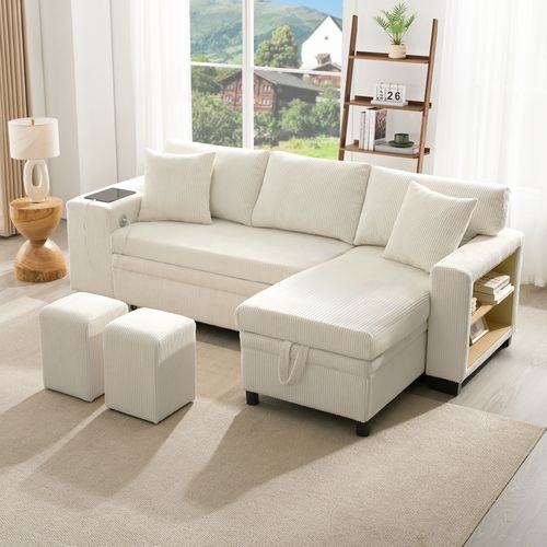 Canapé D'angle L Convertible Avec USB, Coussins Et Rangement, Beige