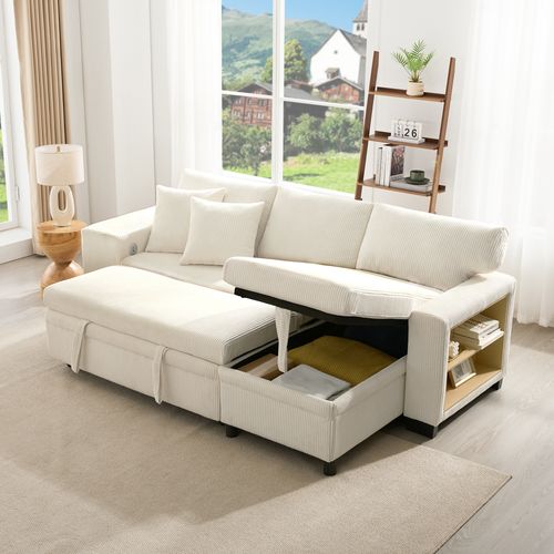 Canapé D'angle L Convertible Avec USB, Coussins Et Rangement, Beige