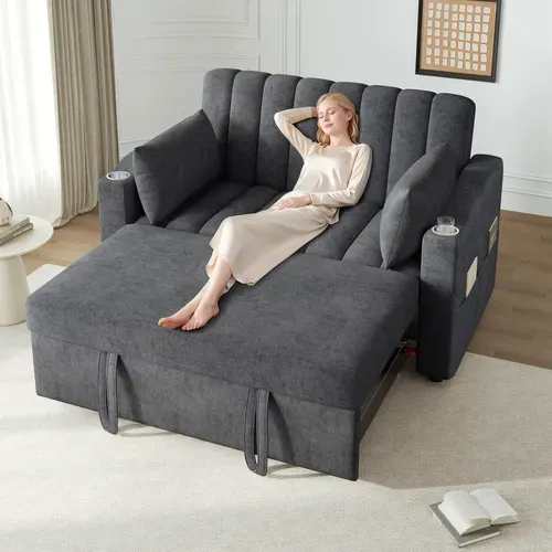 Canapé Convertible 2 Places Avec Dossier Réglable, Porte-gobelet Et Coussins, Gris