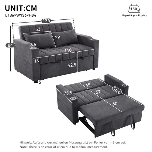 Canapé Convertible 2 Places Avec Dossier Réglable, Porte-gobelet Et Coussins, Gris