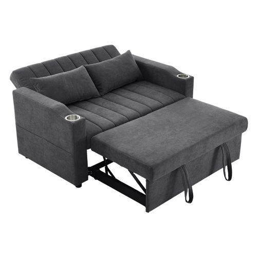 Canapé Convertible 2 Places Avec Dossier Réglable, Porte-gobelet Et Coussins, Gris
