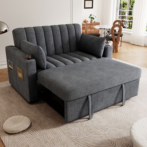 Canapé Convertible 2 Places Avec Dossier Réglable, Porte-gobelet Et Coussins, Gris