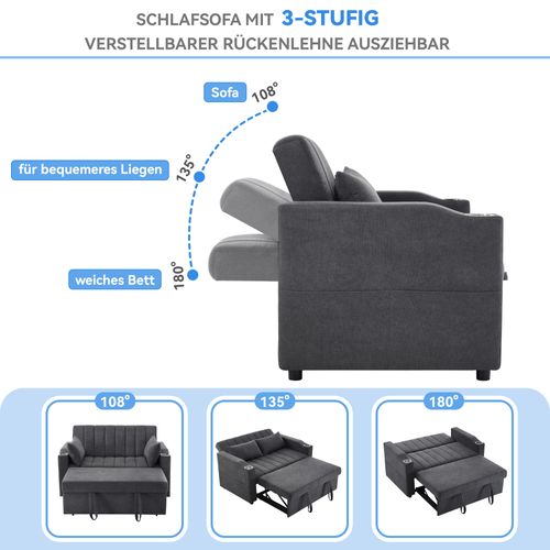 Canapé Convertible 2 Places Avec Dossier Réglable, Porte-gobelet Et Coussins, Gris