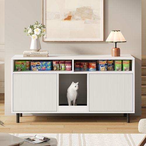 Pour Litière Chat Avec Tapis Collecteur Et Étagère, 120x50x66 Cm, Blanc