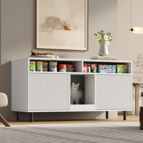 Pour Litière Chat Avec Tapis Collecteur Et Étagère, 120x50x66 Cm, Blanc