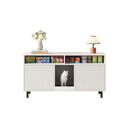 Pour Litière Chat Avec Tapis Collecteur Et Étagère, 120x50x66 Cm, Blanc