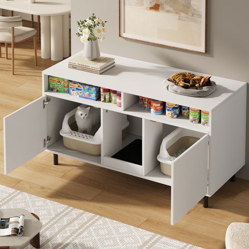 Pour Litière Chat Avec Tapis Collecteur Et Étagère, 120x50x66 Cm, Blanc
