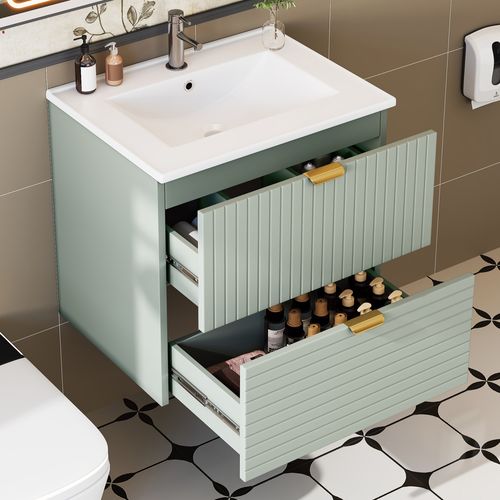Meuble Vasque Avec Lavabo Intégré, 2 Tiroirs, Vert