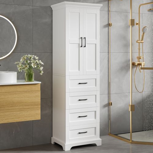 Meuble Colonne Armoires De Salle De Bain Avec 3 Tiroirs Et étagères Réglables, Blanc