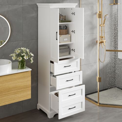 Meuble Colonne Armoires De Salle De Bain Avec 3 Tiroirs Et étagères Réglables, Blanc