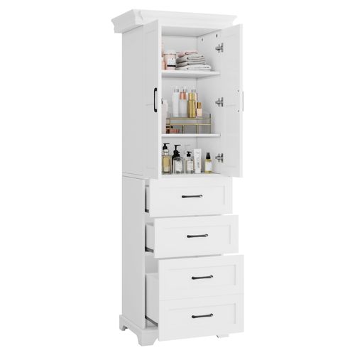 Meuble Colonne Armoires De Salle De Bain Avec 3 Tiroirs Et étagères Réglables, Blanc