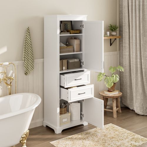 Meuble Colonne Armoires De Salle De Bain Avec 2 Tiroirs, Blanc