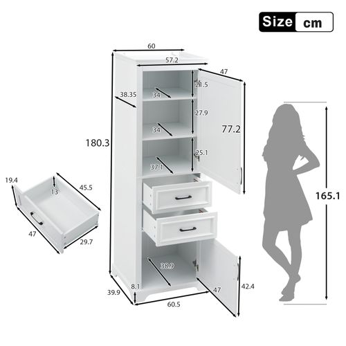 Meuble Colonne Armoires De Salle De Bain Avec 2 Tiroirs, Blanc