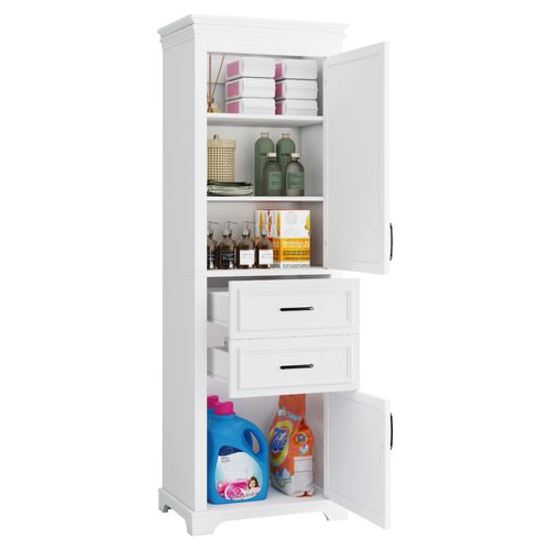 Meuble Colonne Armoires De Salle De Bain Avec 2 Tiroirs, Blanc