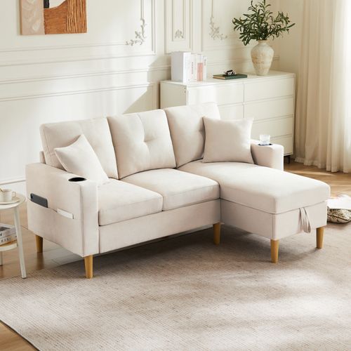 Canapé D'angle 3 Places Avec Chaiselongue, Rangement Et 2 Coussins, Beige