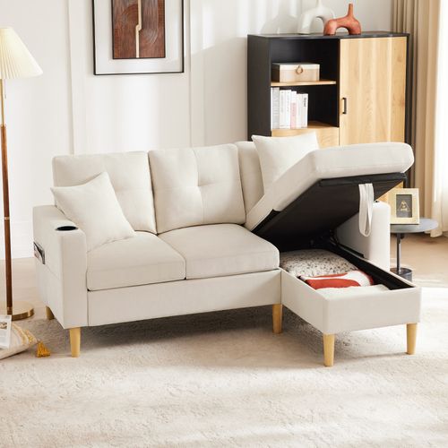 Canapé D'angle 3 Places Avec Chaiselongue, Rangement Et 2 Coussins, Beige