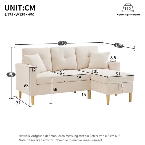 Canapé D'angle 3 Places Avec Chaiselongue, Rangement Et 2 Coussins, Beige