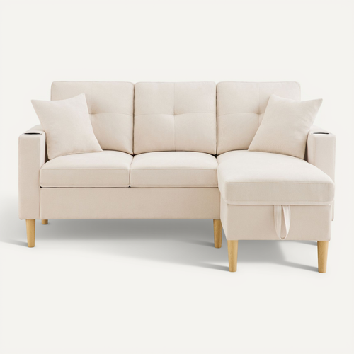 Canapé D'angle 3 Places Avec Chaiselongue, Rangement Et 2 Coussins, Beige