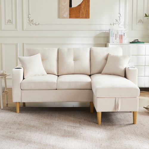 Canapé D'angle 3 Places Avec Chaiselongue, Rangement Et 2 Coussins, Beige